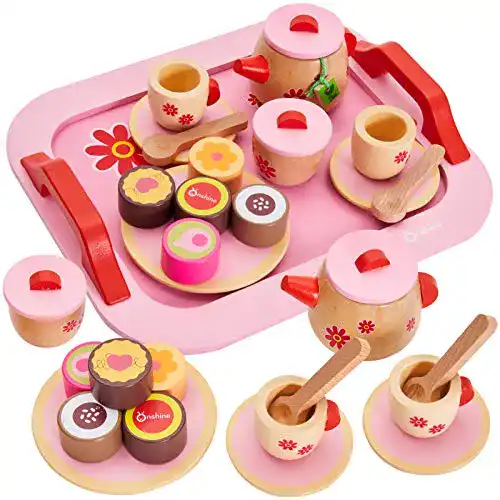 Puppengeschirr BUYGER 18 Stück Teeservice Kinder Holz