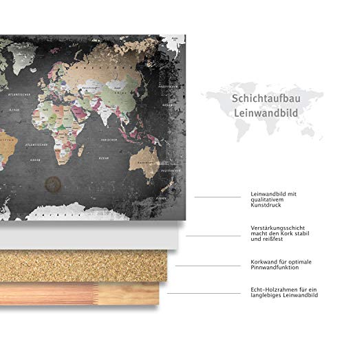 Weltkarte LANA KK Leinwandbild mit Korkrückwand zum Pinnen