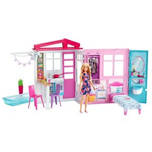 Barbie-Haus Barbie GWY84 Ferienhaus mit Puppe, Möbeln u. Pool