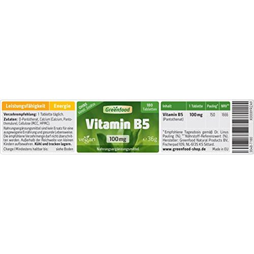 Vitamin B5 Greenfood (Pantothensäure), 100 mg, hochdosiert