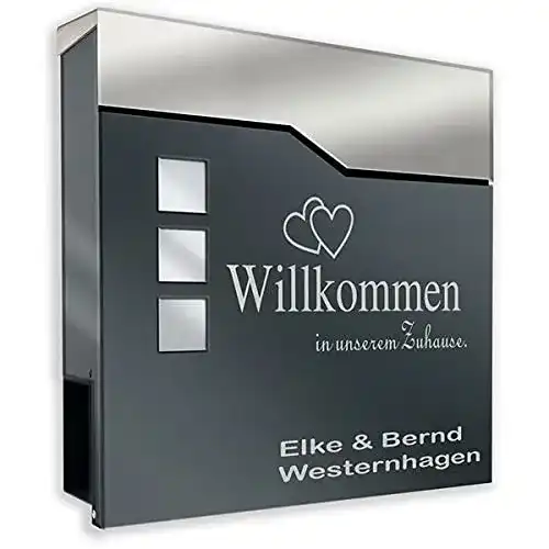 Edelstahl-Briefkasten funkklingel24 Beschriftung Zeitungsrolle