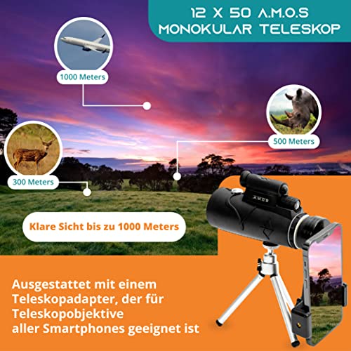 Handy-Teleskop A.M.O.S AMOS Monokular mit Laser 12×50 HD
