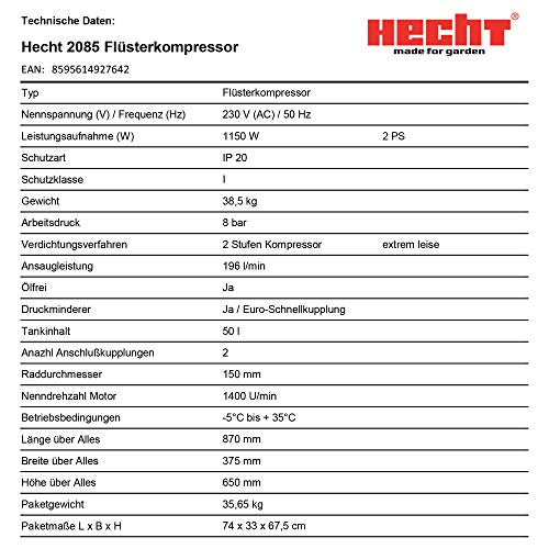 Kompressor 50l Hecht 2 Stufen Flüsterkompressor 1150 W