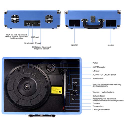 Plattenspieler Bluetooth VOKSUN, Riemenantrieb 33/45/78 U/min