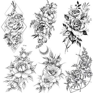 Temporäre Tattoos COKTAK 6 Blätter Groß Schwarz Rose Blume