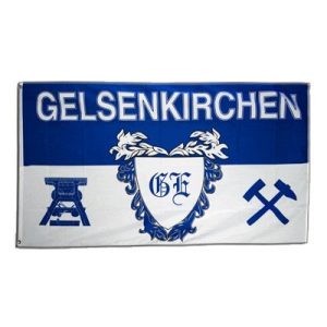 Schalke-Fahne Flaggenfritze Fanflagge Gelsenkirchen mit Wappen