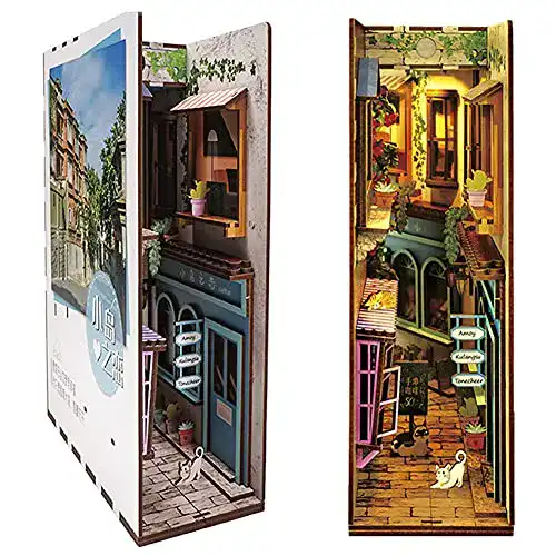 Book Nook BKONF DIY Alley Wooden Shelf Inserts Induktionslicht