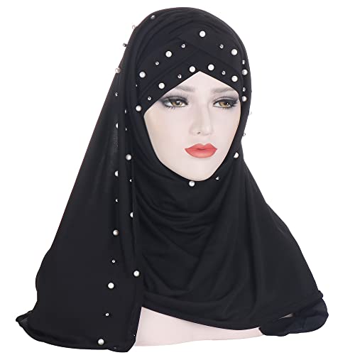 Hijab JDYaoYing Mädchen Schal mit Perlen, schwarz, Einheitsgröße