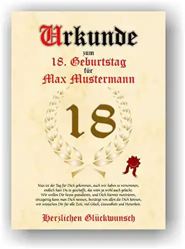 Urkunde Druck-Geschenk zum 18. Geburtstag Glückwunsch
