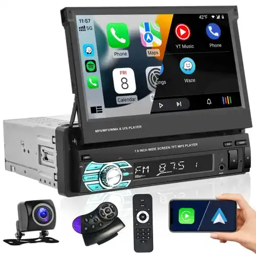 Autoradio mit ausfahrbarem Display Hikity Autoradio 1 Din mit CarPlay