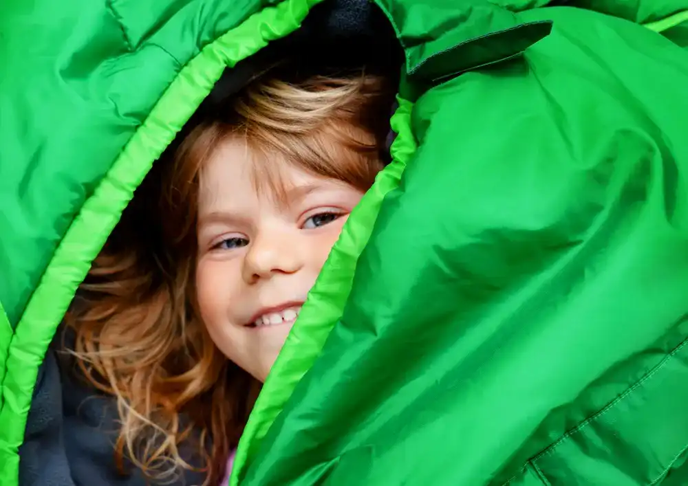 Preschool,Little,Girl,In,Sleeping,Bag,Camping.,Outdoors,Activity,With