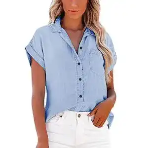 Jeanshemd Damen MKIUHNJ Jeansbluse Kurzarm Jeanshemd