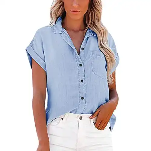 Jeanshemd Damen MKIUHNJ Jeansbluse Kurzarm Jeanshemd