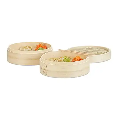 Bambusdämpfer Relaxdays 3-teilig, 2 Dampfkörbe mit Deckel