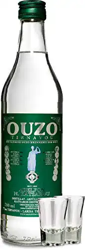 Ouzo Tirnavou Griechischer mit Gläsern, milder Anis Geschmack