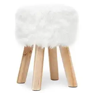Sitzhocker Hocker Rund aus Kunstfell mit Holzbeine Weiß