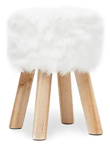 Sitzhocker Hocker Rund aus Kunstfell mit Holzbeine Weiß