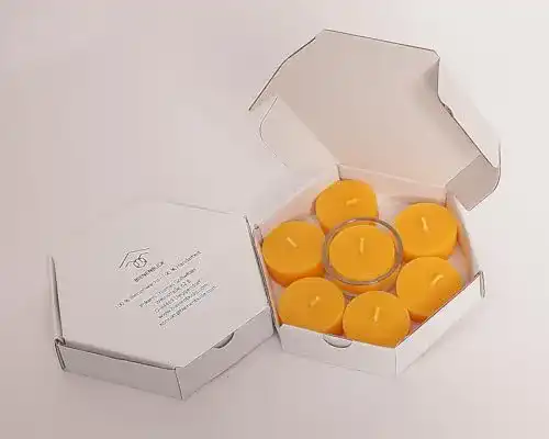 Teelichter Bienenwachs Bienenbude, Set: 7 Teelichter + 1 Glas