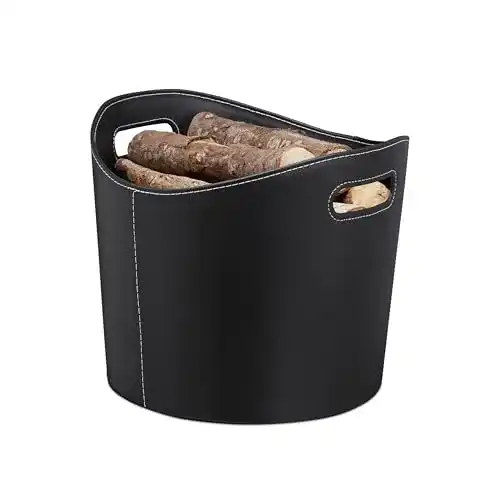 Holzkorb Relaxdays , schwarz Kamin Kunstleder L, mit Tragegriffen