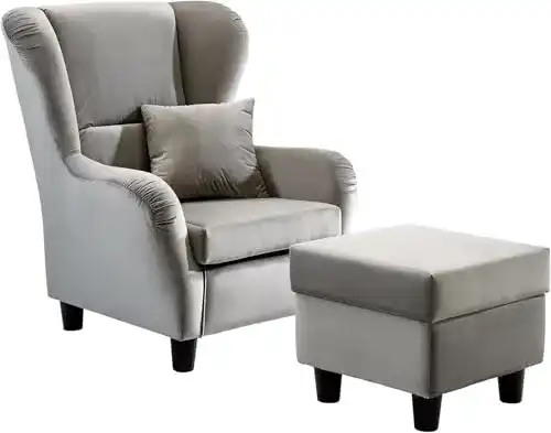 Ohrensessel lifestyle4living mit Hocker in grauem Samt bezogen