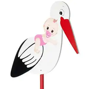 Holzstorch Brubaker Großer Storch aus Holz mit Baby Rosa