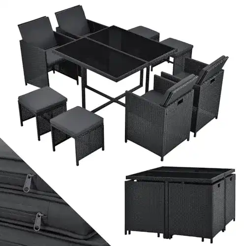 Alu-Gartenmöbel Juskys Polyrattan Sitzgruppe Baracoa L 9-teilig
