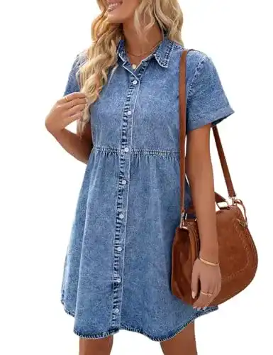 Jeanskleid Vetinee Damen Casual Babydoll Denim Kleid Kurzarm
