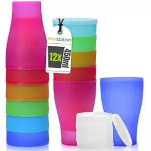 Trinkbecher idea-station NEO Plastikbecher mit Deckel 12 x 450 ml