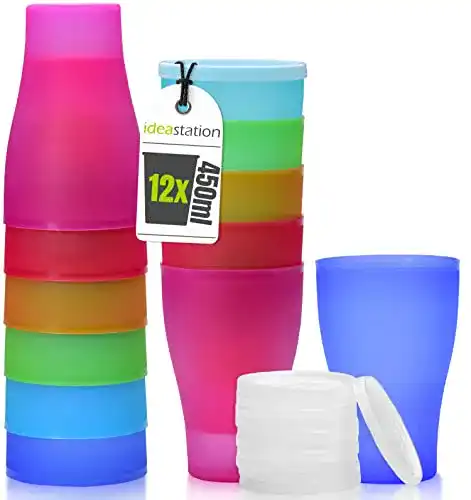 Trinkbecher idea-station NEO Plastikbecher mit Deckel 12 x 450 ml