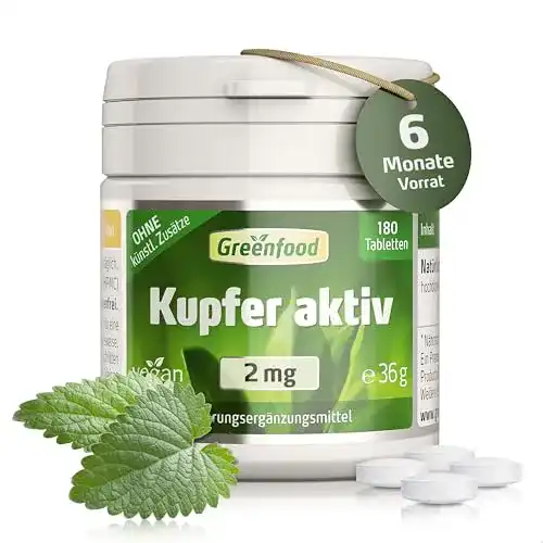 Kupfer-Tabletten Greenfood Kupfer aktiv, 2 mg, hochdosiert, 180 St
