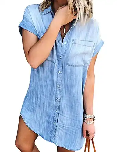 Jeanskleid Zilcremo Damen V-Ausschnitt Blusenkleid Hemdkleid