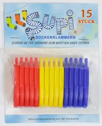 Sockenklammer SUPI 15 Stück Sockenclip Sockensortierer, Farbset