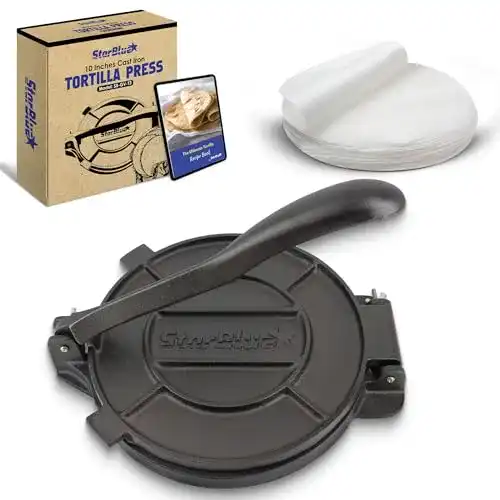 Tortilla-Presse StarBlue aus Gusseisen, 25,4 cm, mit 100 Ölpapier
