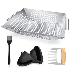 Grillkorb AUFSQ Edelstahl, Grillschale mit Fleischkrallen Backbürste