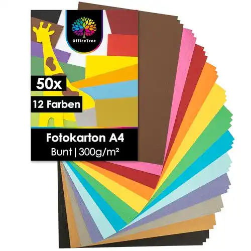Fotokarton OfficeTree 54 x Bastelkarton A4 300g – 12 Farben