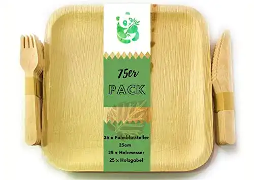 Palmblatt-Teller Grüner Panda 75stk Pack|25x25cm Palmblattteller