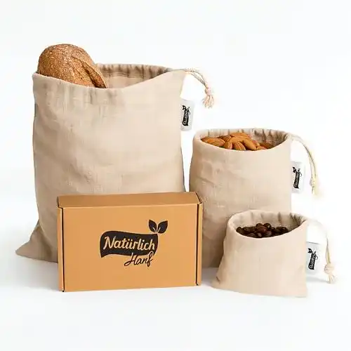 Brotbeutel Natürlich Hanf, 3er Set aus 100% Natur Hanf