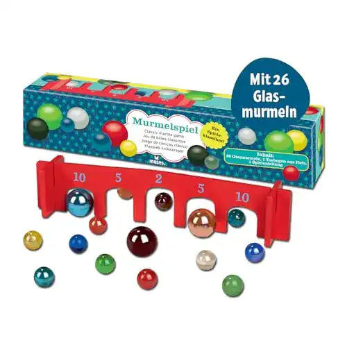 Murmeln moses 38064 Klassisches Murmelspiel | Spieleklassiker mit 26 Glas und einem Holzbogen, bunt
