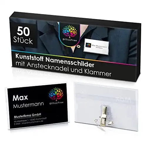 Namensschild OfficeTree 50 x für Kleidung Clip und Anstecknadel