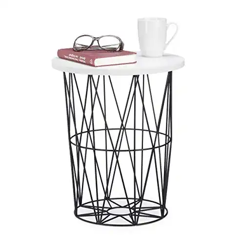 Nachttisch rund Relaxdays, weiß-schwarz mit Metallkorb, 42cm