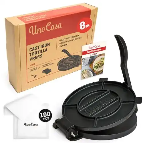 Tortilla-Presse Uno Casa, 20 cm, Bonus 100 Stk. Pergamentpapier