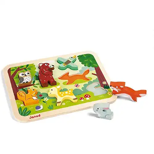 Steckpuzzle Janod J07023 mit Vertiefungen aus Holz, Wald-Motiv