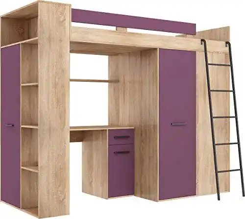 Hochbett mit Schreibtisch FurnitureByJDM, Kleiderschrank