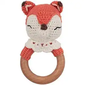 Babyrassel Olgs Beißring gehäkelt süßer Fuchs integrierter Greifling