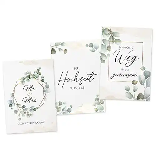 Hochzeitskarte WEDDNG 3er Set Eukalyptus, Glückwunschkarte Hochzeit