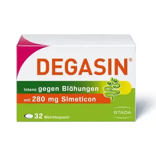 Mittel gegen Blähungen Degasin Intens, hochdosiert, 32 Kapseln