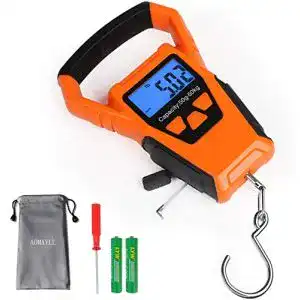 Fischwaage aokuy Digitale , Gepäckwaage, Gewicht Hänge-Hakenwaage, 50 kg, LCD-Display mit Hintergrundbeleuchtung, wasserdichte Tasche (Batterien im Lieferumfang enthalten)