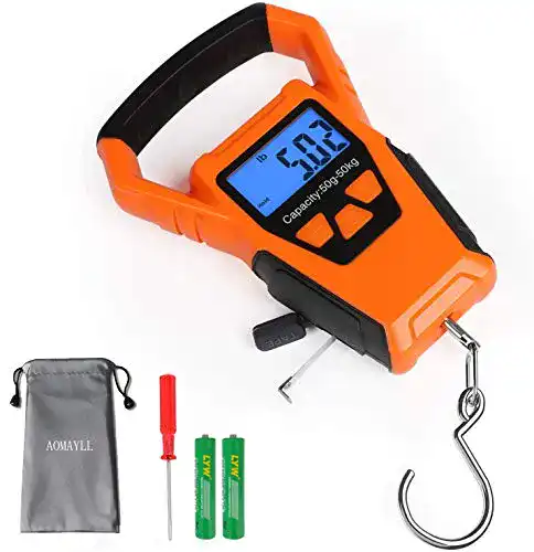 Fischwaage aokuy Digitale , Gepäckwaage, Gewicht Hänge-Hakenwaage, 50 kg, LCD-Display mit Hintergrundbeleuchtung, wasserdichte Tasche (Batterien im Lieferumfang enthalten)