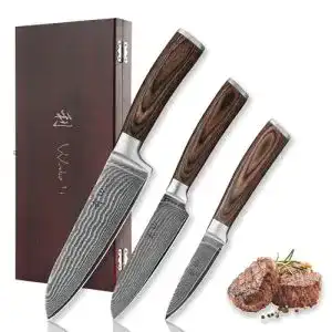 Damastmesser-Set Wakoli Edib 3er, Griffe aus Pakkaholz, Holzbox