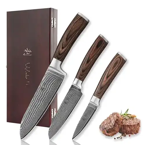 Damastmesser-Set Wakoli Edib 3er, Griffe aus Pakkaholz, Holzbox